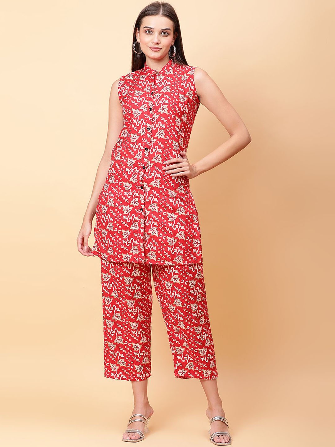 

ROSEMELON Floral Printed Mandarin Collar Sleevesless Tunic With Trouser, Red