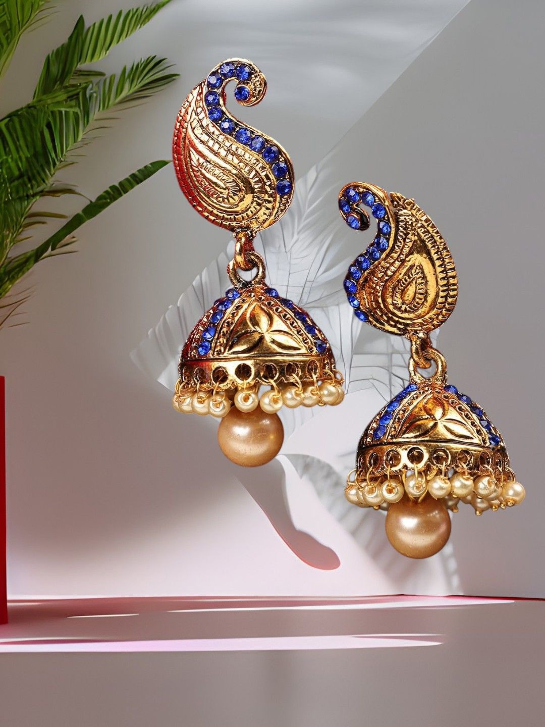 

Anouk Gold Plated Artificial Stones Studded And Beaded Dome Shaped Jhumkas, Blue