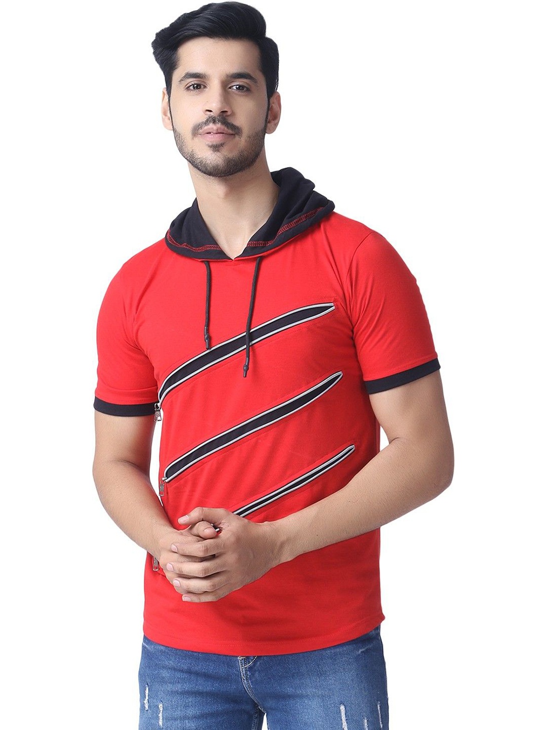 

Black Collection Men Self Design Hood Cotton Slim Fit T-shirt, Red