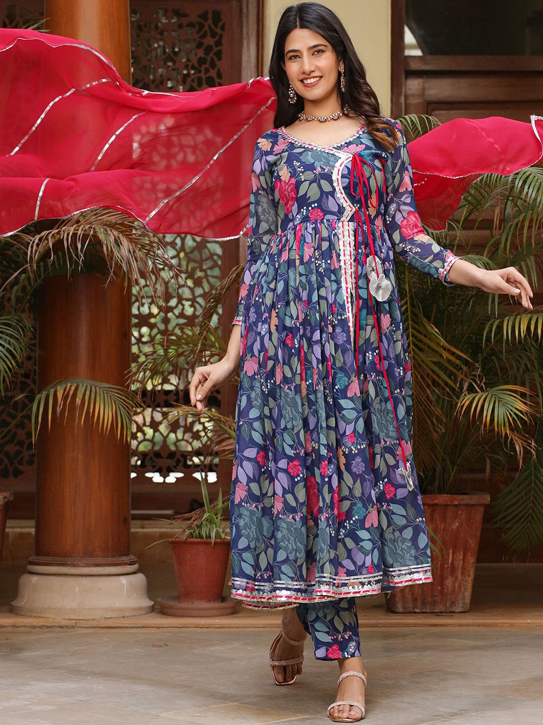 

ASHEERA Women Floral Printed Angrakha Gotta Patti Kurta with Trousers & With Dupatta, Blue