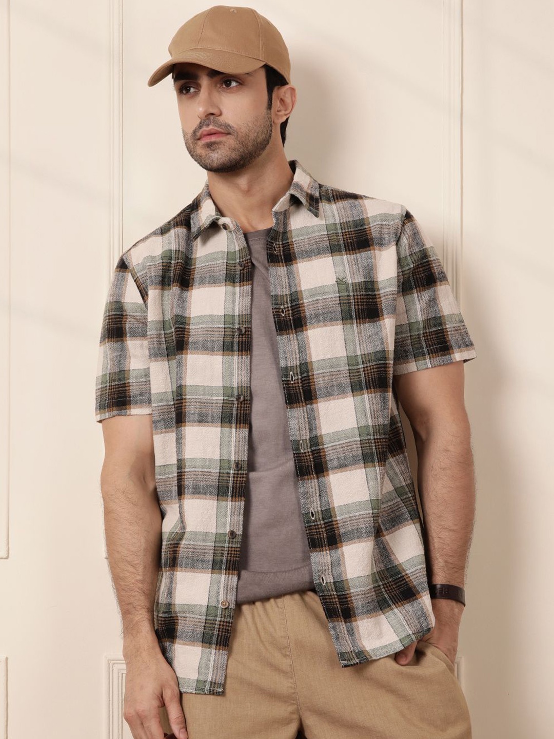 

WROGN Men Comfort Fit Spread Collar Tartan Checked Cotton Casual Shirt, Olive