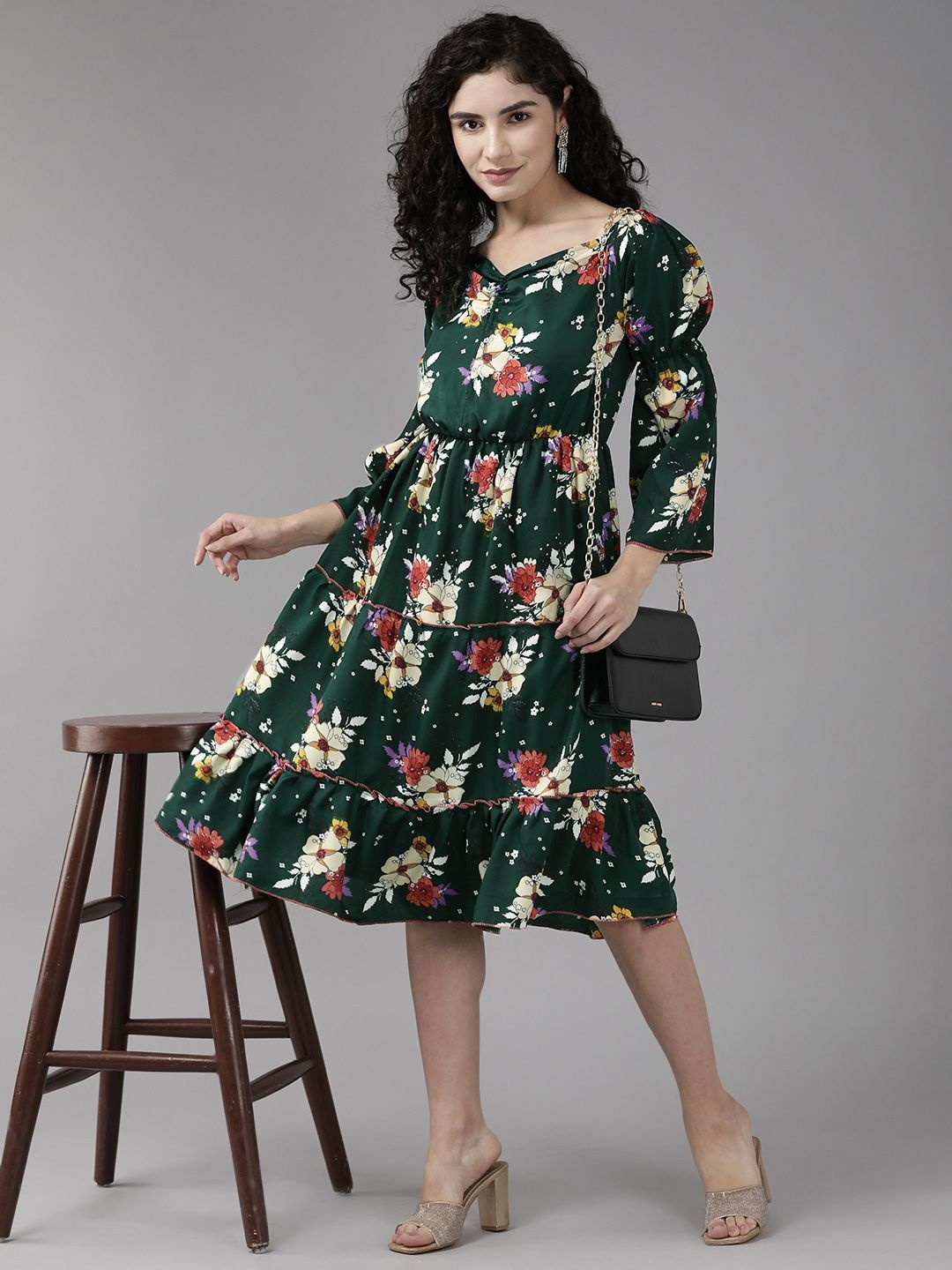 

CORSICA Women Floral Printed Bell Sleeves Fit & Flare Dress, Green