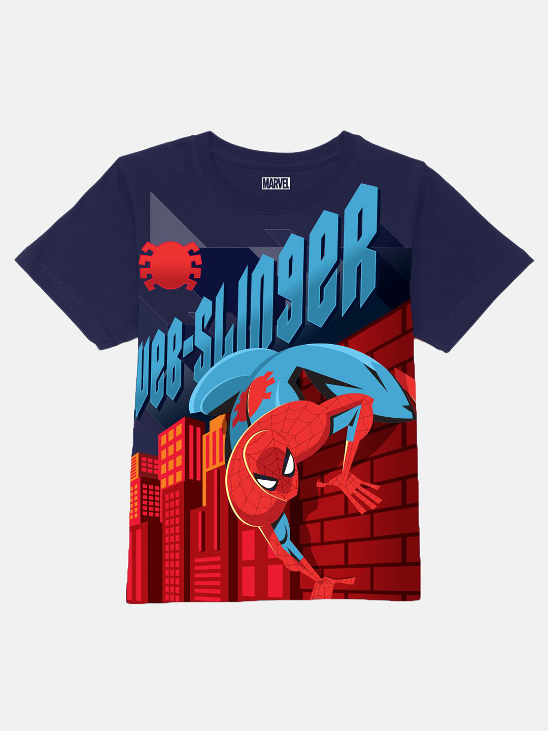 

Wear Your Mind Boys Spider-Man Graphic Printed Round Neck Regular Fit Cotton T-shirt, Navy blue