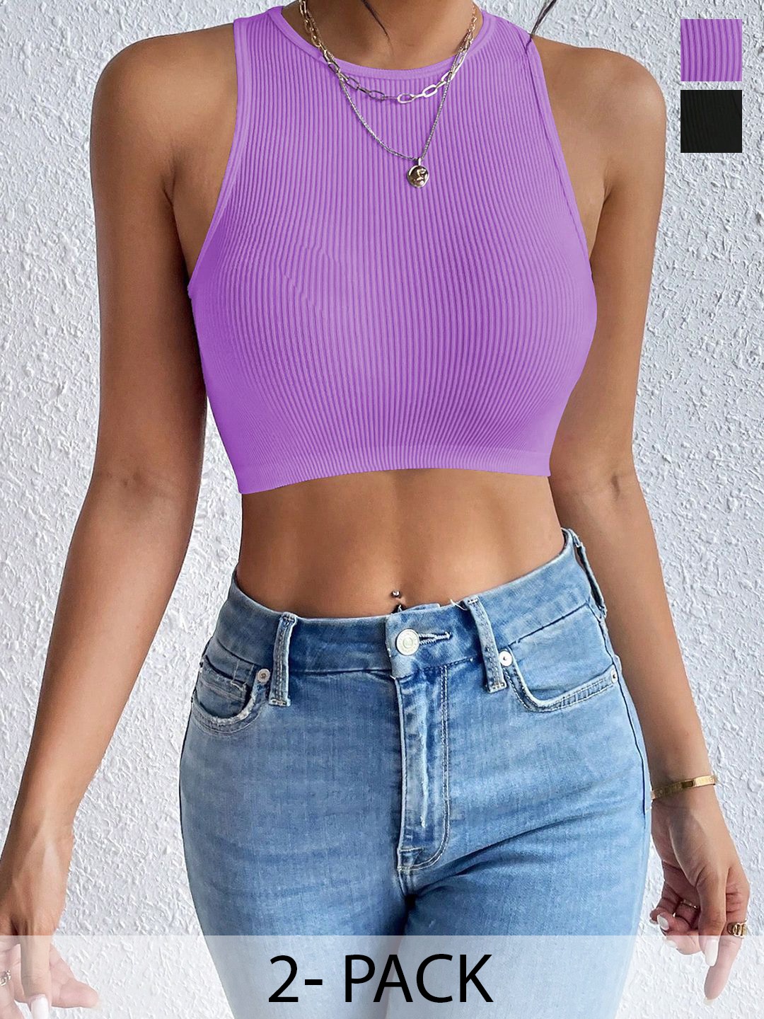 

BAESD Women Pack Of 2 Ribbed Round Neck Tops, Lavender