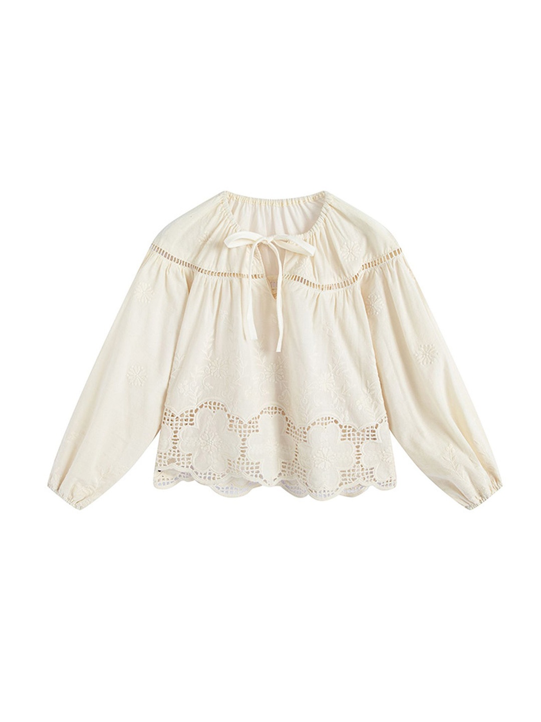

LULU & SKY Girls Tie-Up Neck Puff Sleeves Top, Beige