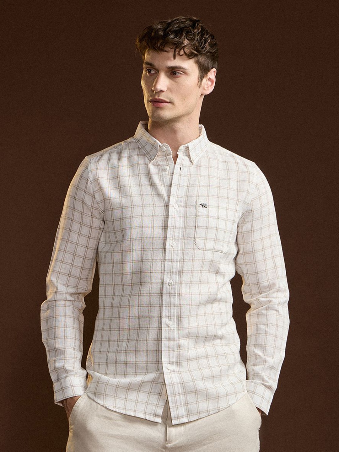 

THE BEAR HOUSE Men Slim Fit Button-Down Collar Grid Tattersall Checked Cotton Casual Shirt, Off white