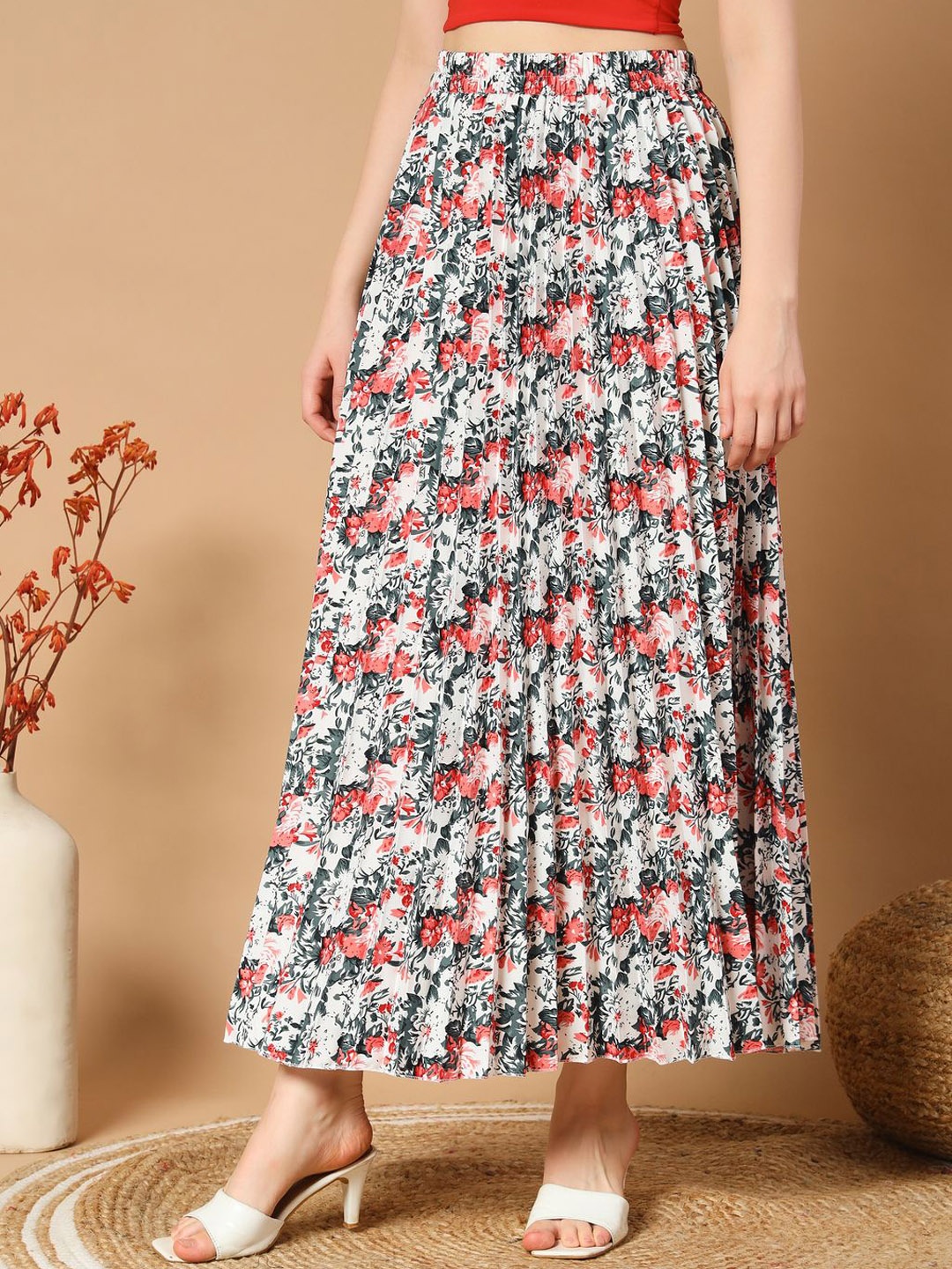

ZWERLON Women Floral Printed Pleated A-Line Maxi Skirt, White
