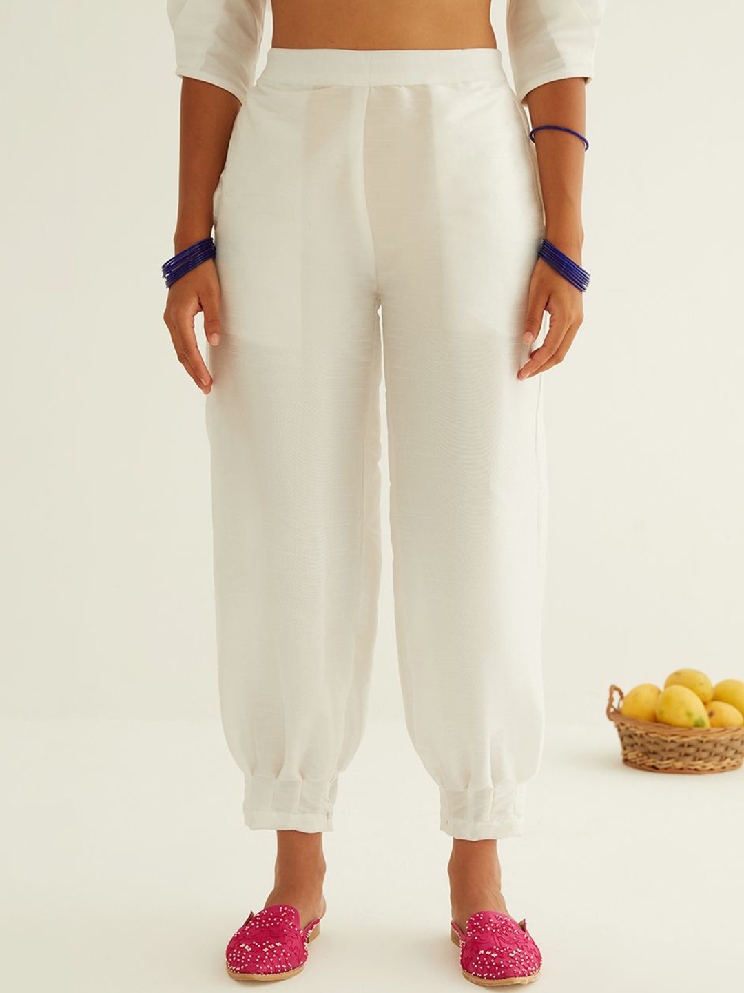 

Abhishti Women Pleated hem pants in Dupion Art Silk, White