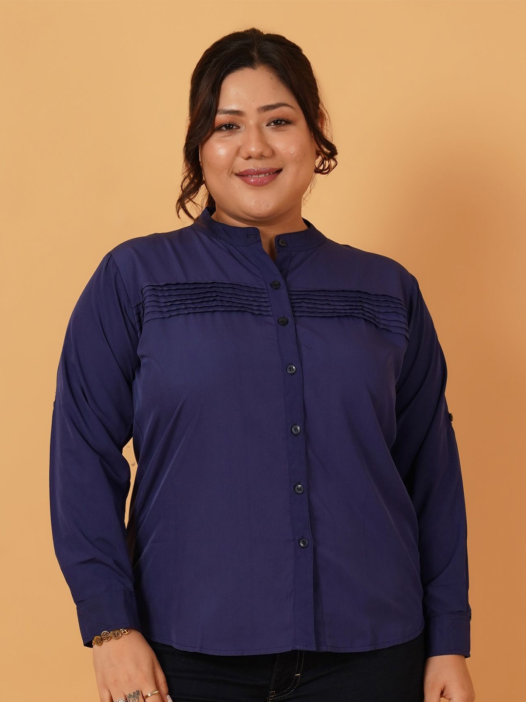 

ANGOORI FASHION Women Straight Fit Band Collar Textured Casual Shirt, Navy blue