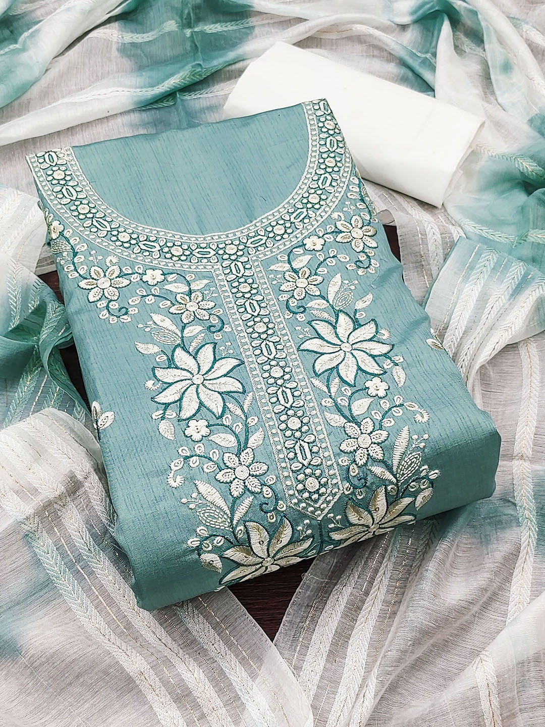 

MANVAA Floral Embroidered Thread Work Unstitched Dress Material, Sea green