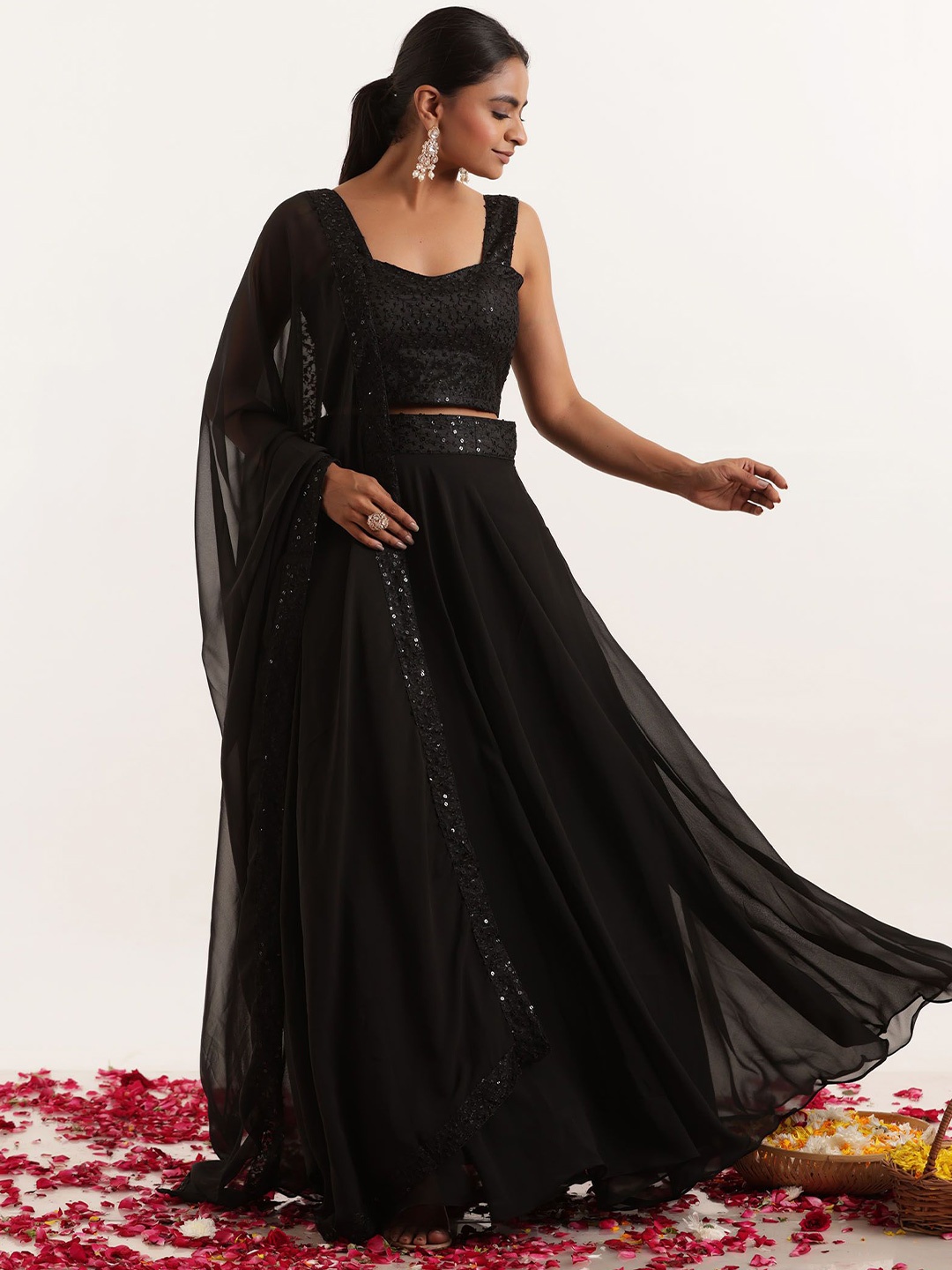 

DEASHA INDIA Embroidered Sequinned Georgette Ready To Wear Lehenga & Blouse With Dupatta, Black