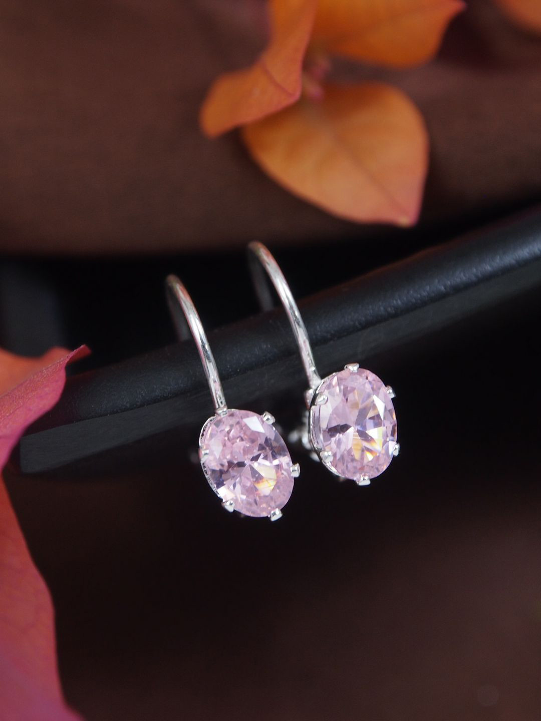 

I Jewels Silver-Plated Artificial Stones Studded Oval Shaped Drop Earrings