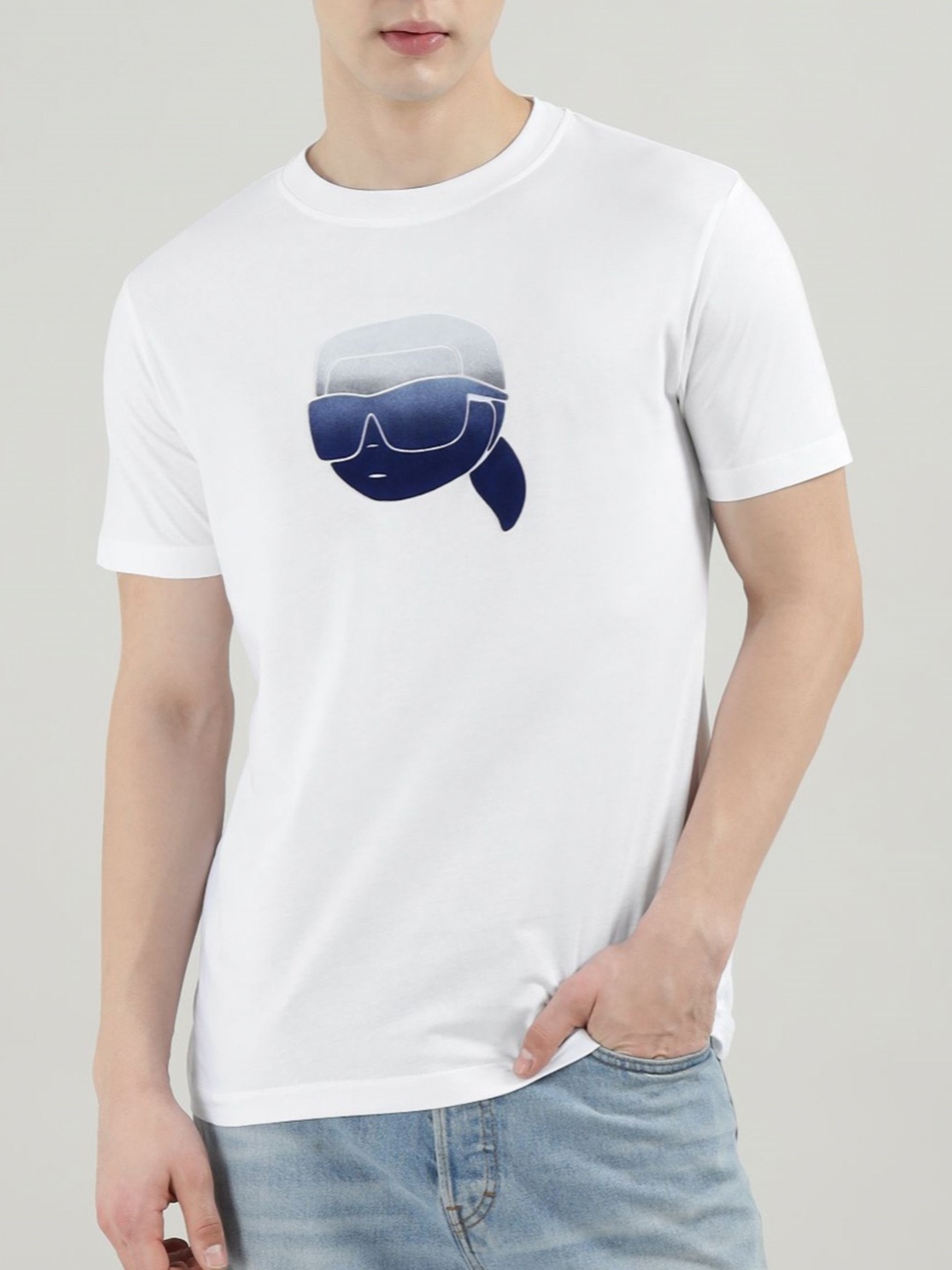 

Karl Lagerfeld Men Graphic Printed Round Neck Cotton T-shirt, White