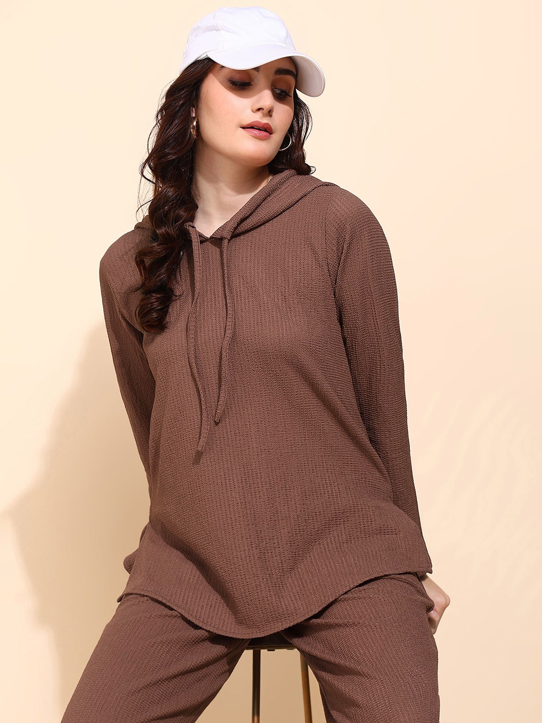 

Fashfun Solid Hooded Long Sleeves Regular Top, Brown