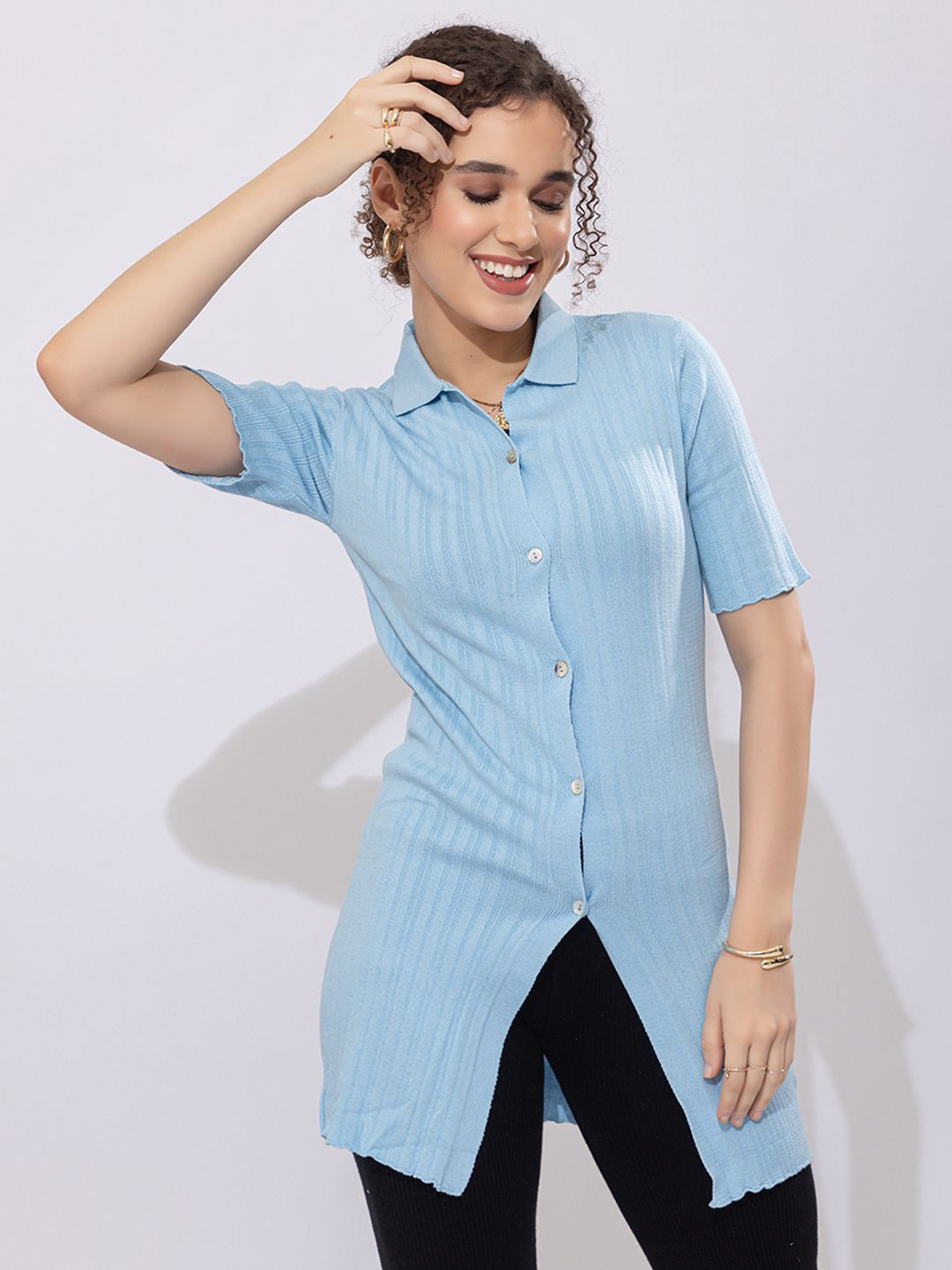 

ARMISTO Women Self Design Shirt Collar Cotton Top, Blue