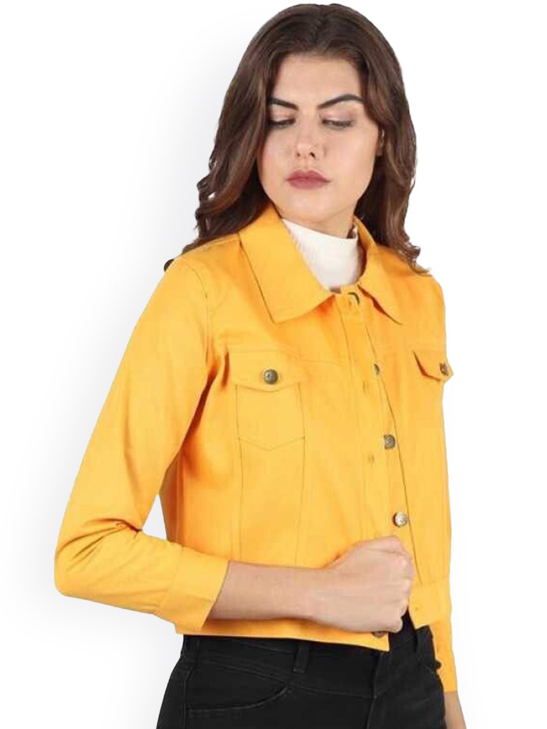 

KASHIAN Women Spread Collar Solid Casual Denim Jacket, Mustard