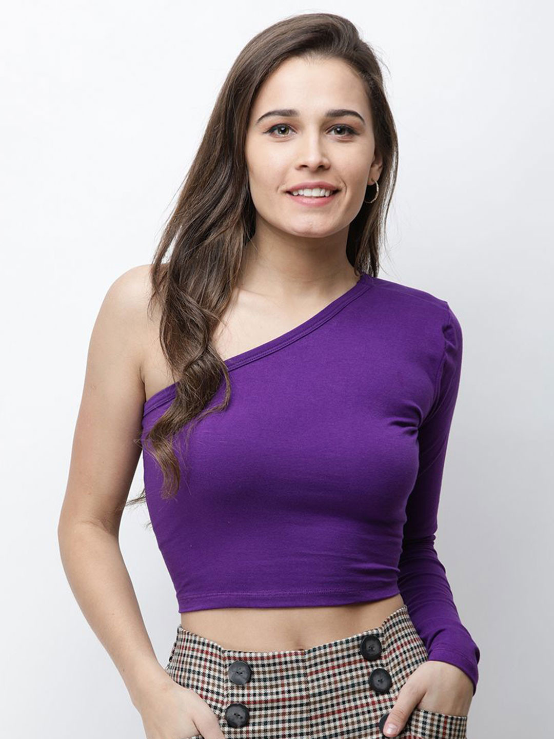 

Moda Rapido Women Solid One Shoulder CottonFitted Top, Purple