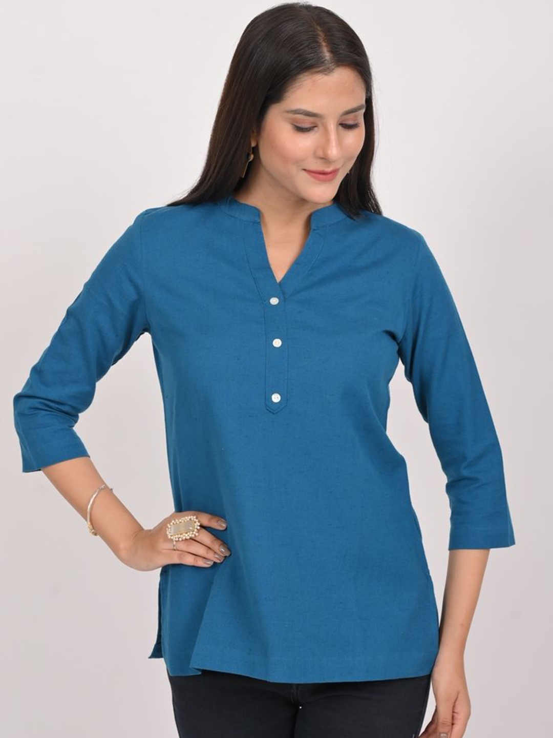 

INDIE JHOLA Mandarin Collar Cotton Straight Kurta, Teal