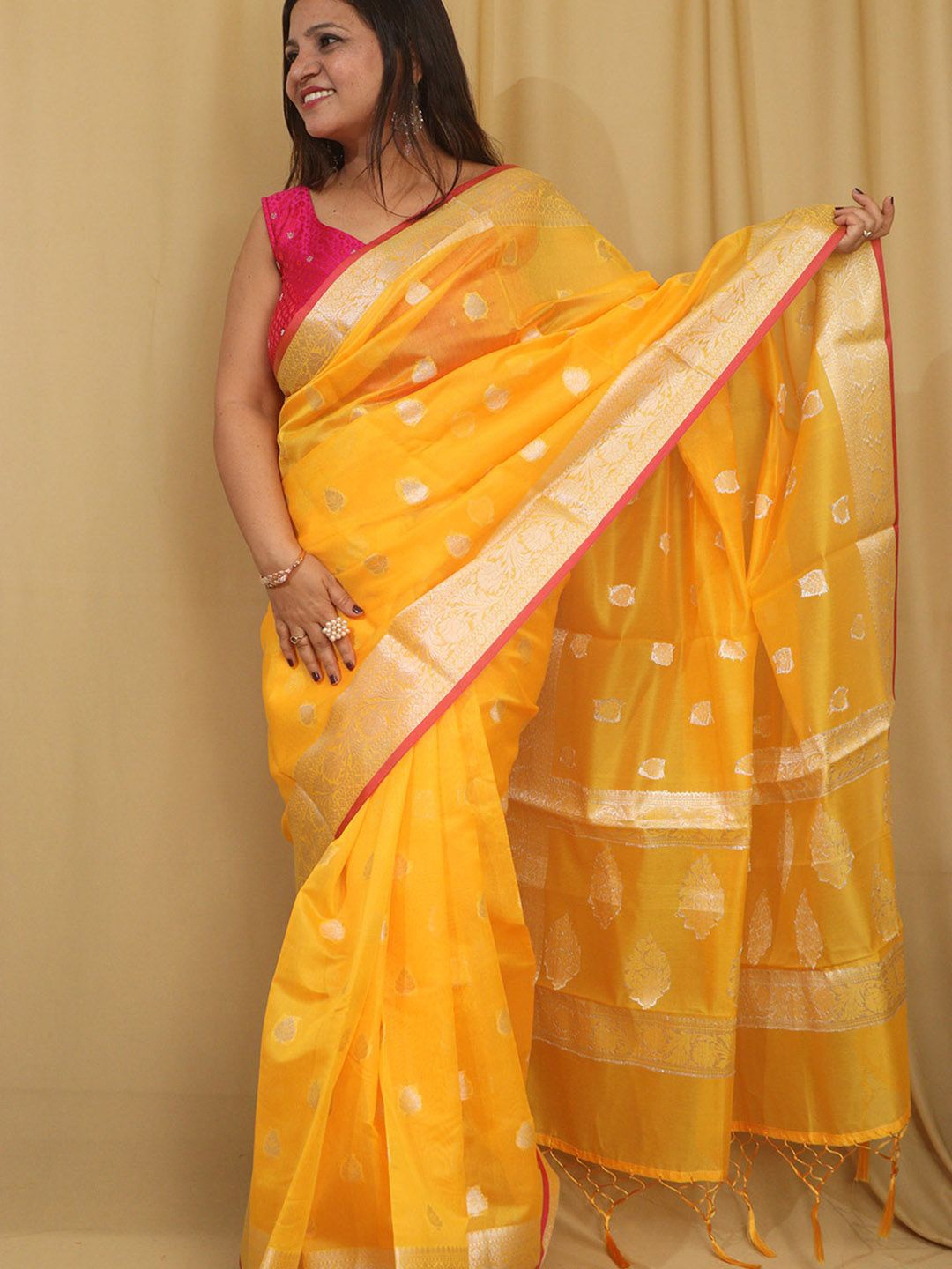 

Luxurionworld Vibrant Yellow Banarasi Kora Silk Saree