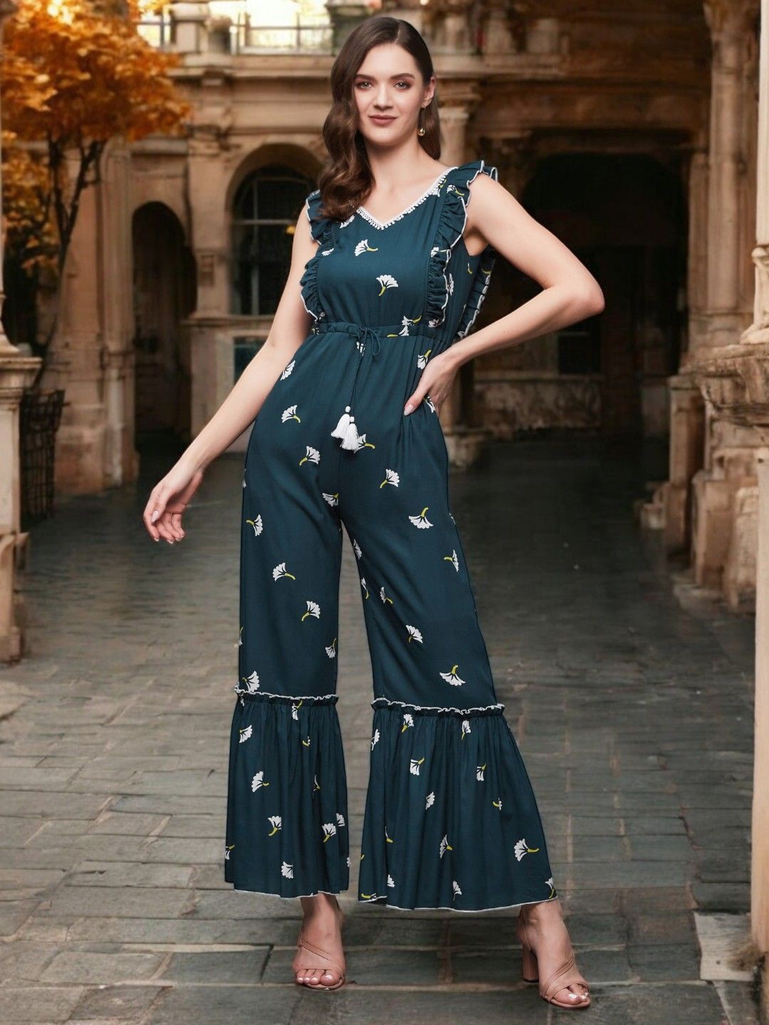 

Miss Chase Women V-Neck Sleeveless Ruffles Printed Basic Jumpsuit, Teal