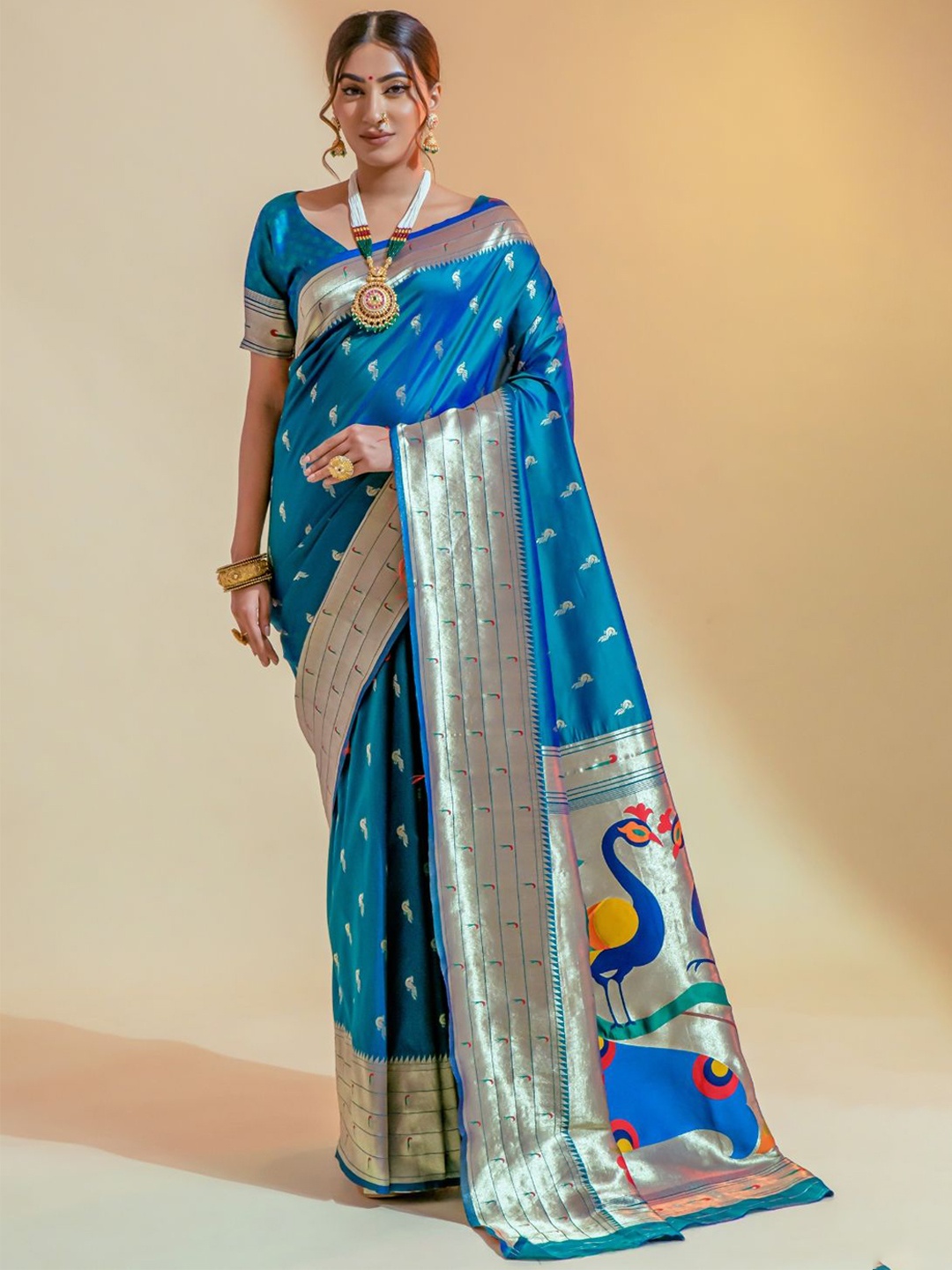 

DEVATITHI Woven Design Zari Blue Soft Paithani Saree