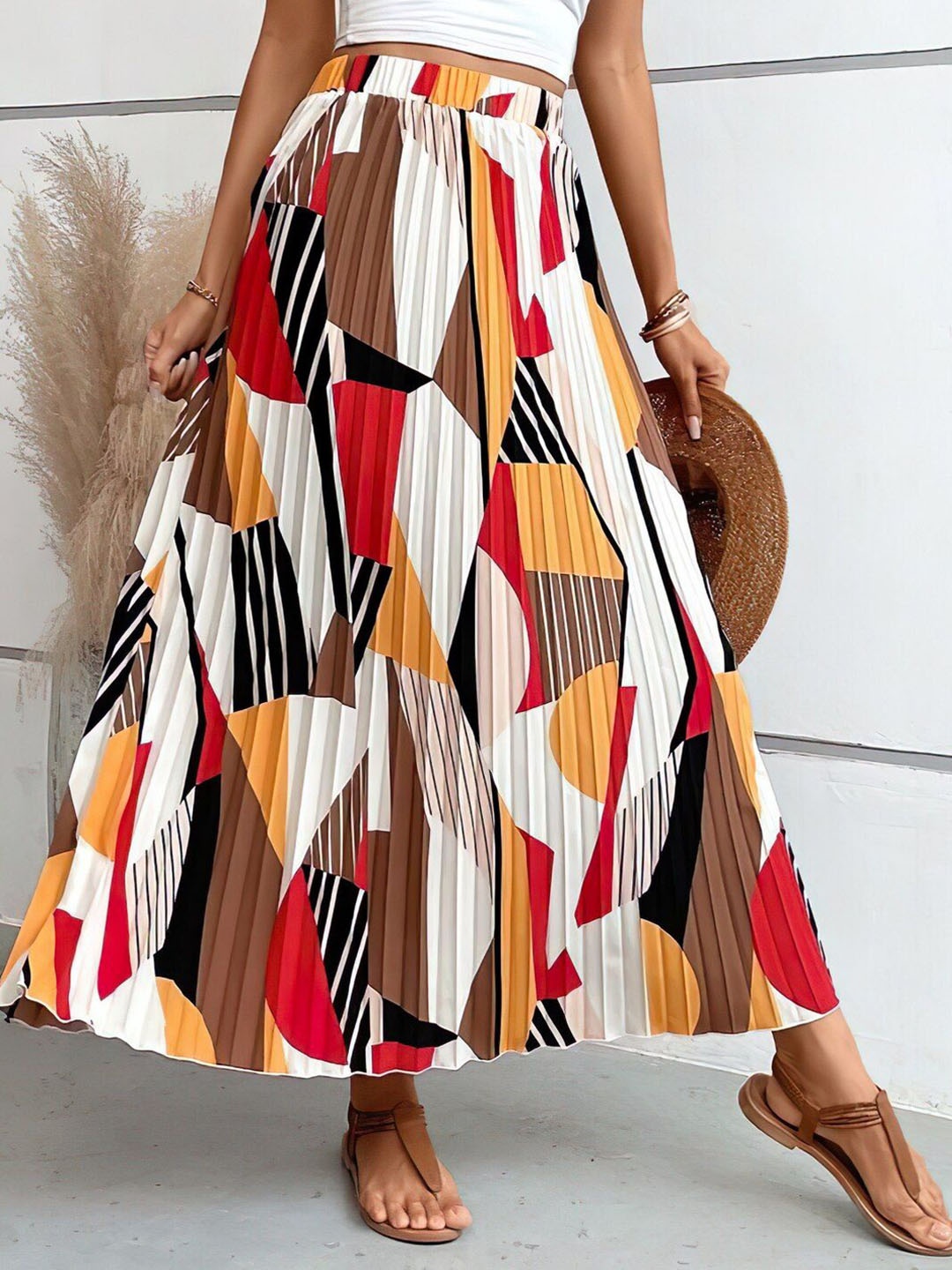 

ZWERLON Women Abstract Printed Flared Maxi Skirt, White