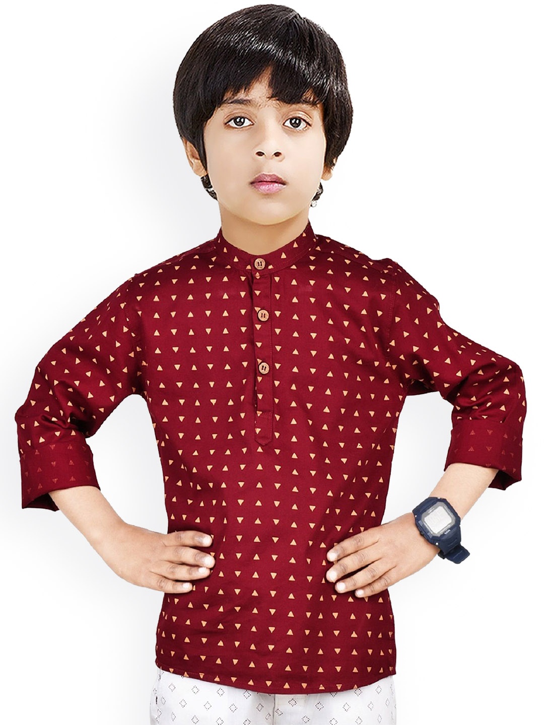 

MADE IN THE SHADE Boys Geometric Printed Band Collar Pue Cotton Straight Kurtas, Maroon