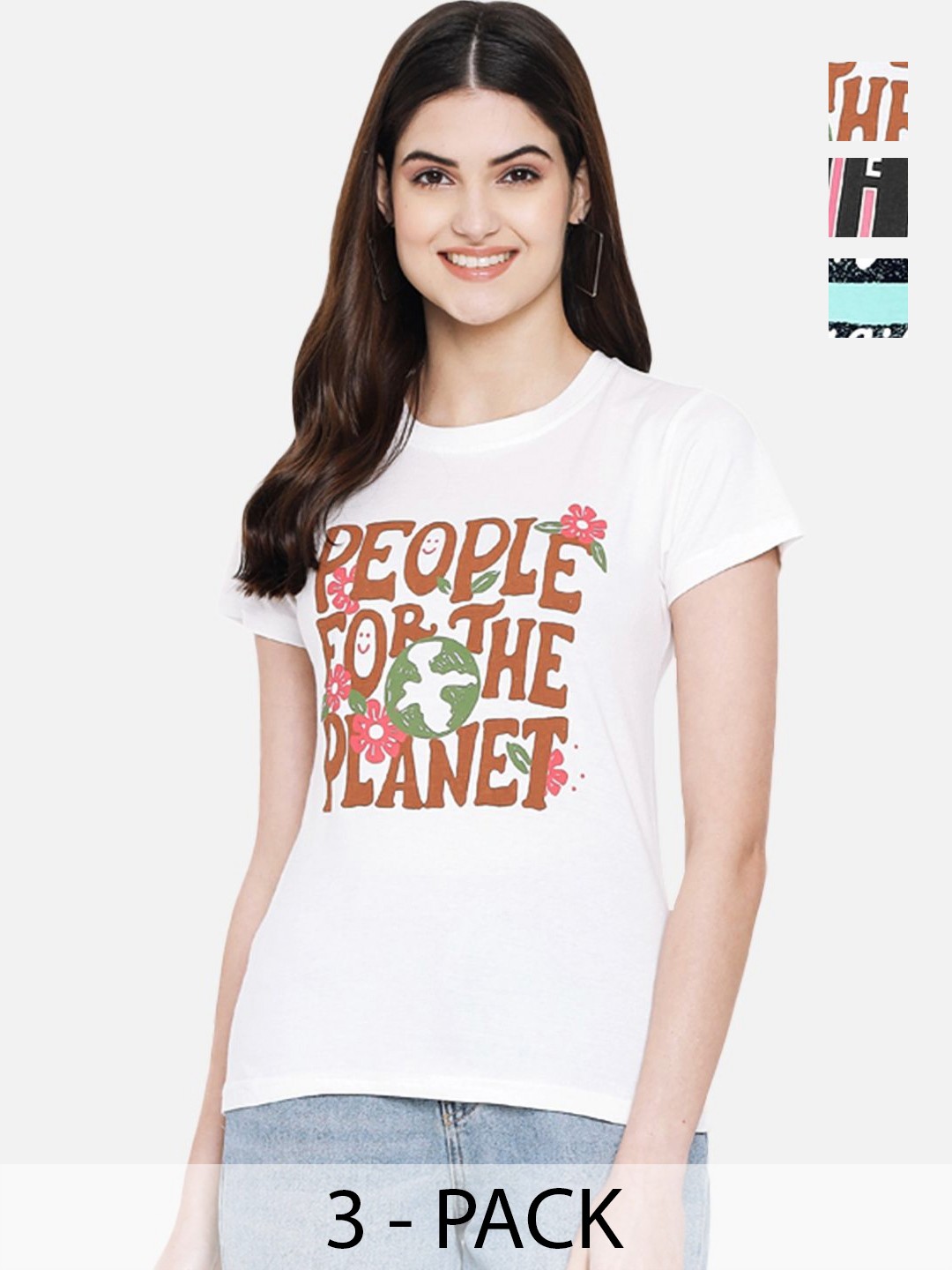 

Dreambe Women Pack Of 3 Typography Printed Round Neck Cotton T-shirts, White