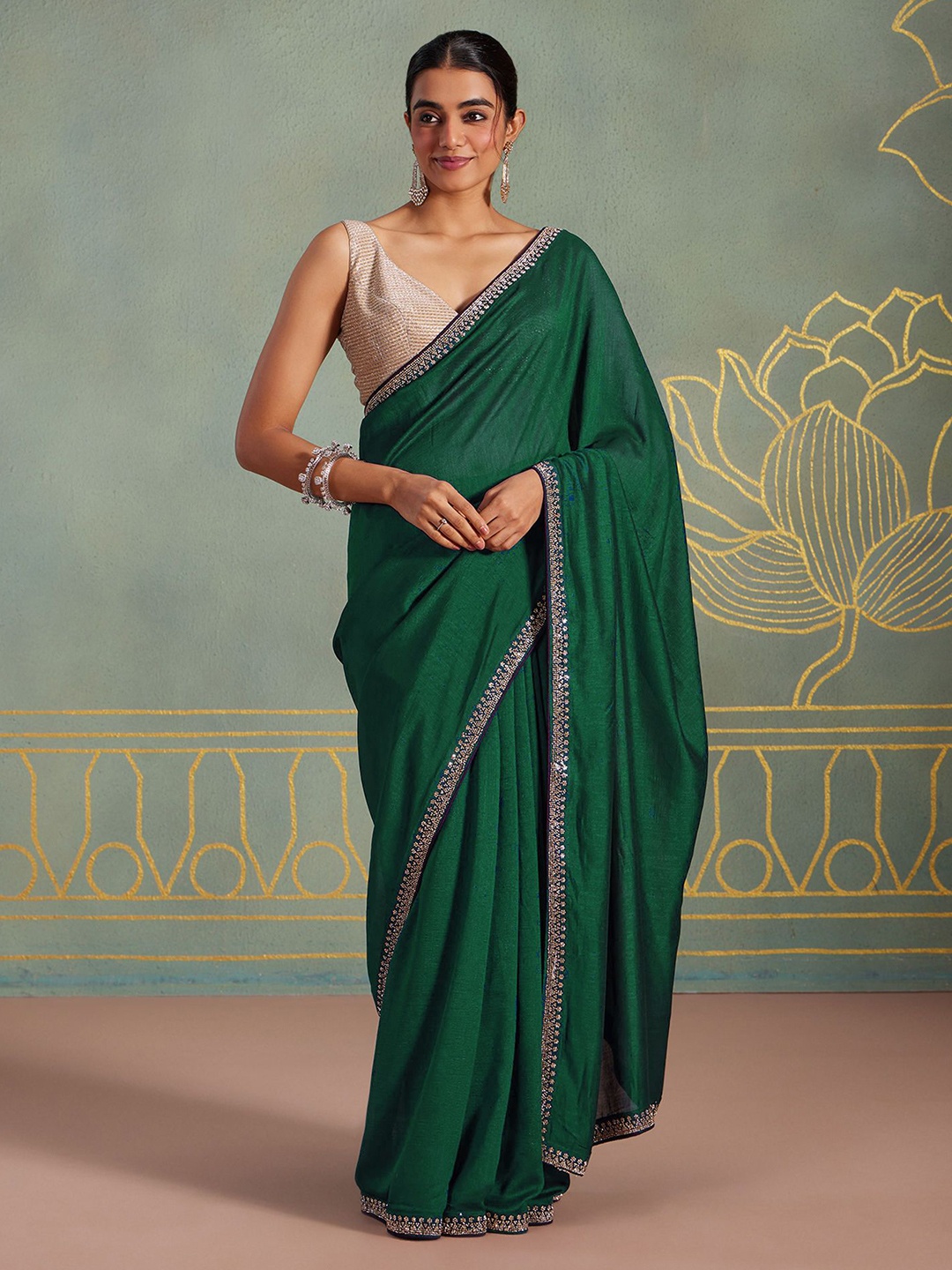 

Mitera Women Embellished Beads and Stones Saree, Green