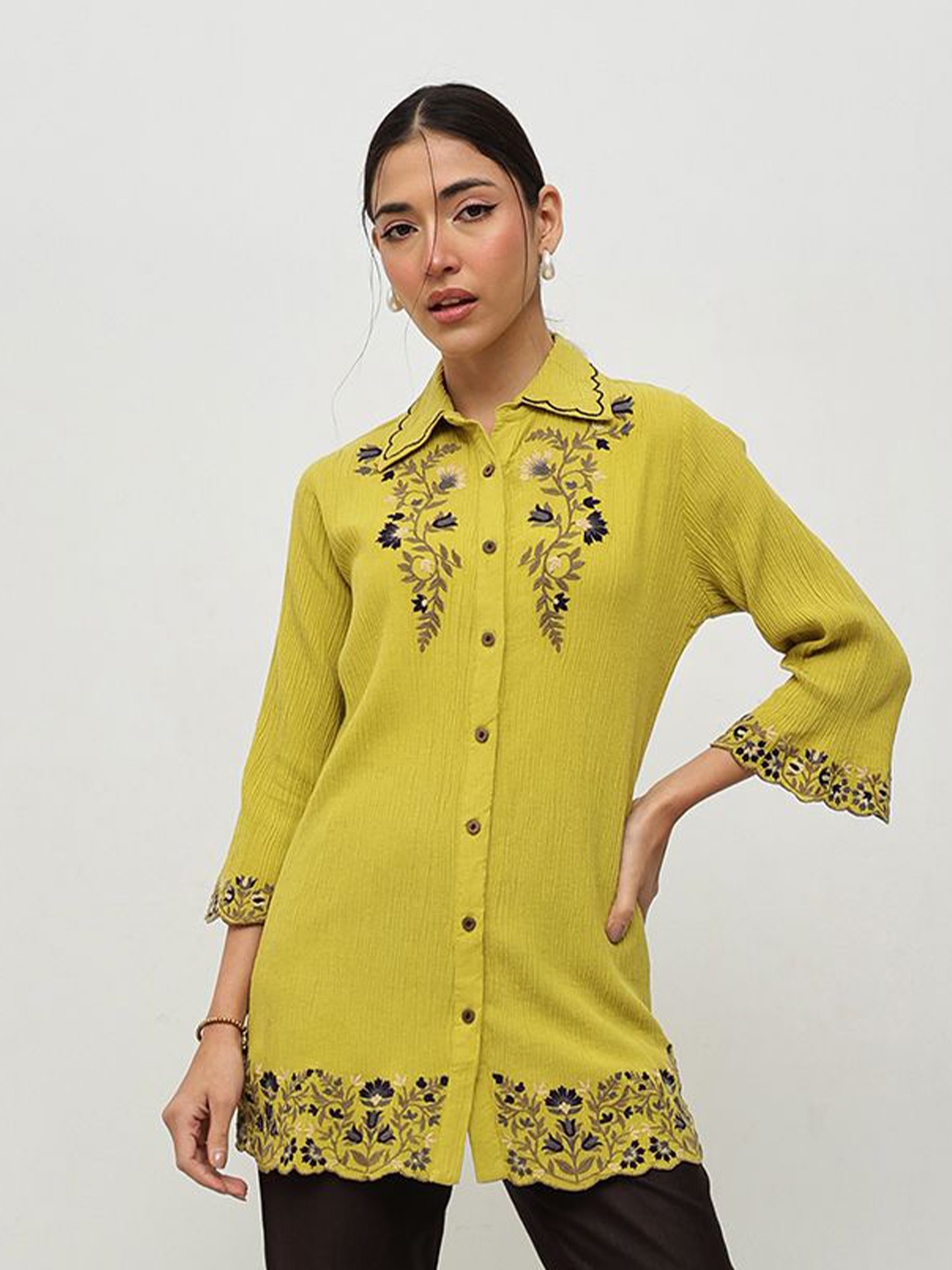 

HOUSE OF S Women Cutaway Collar Textured Casual Shirt, Mustard