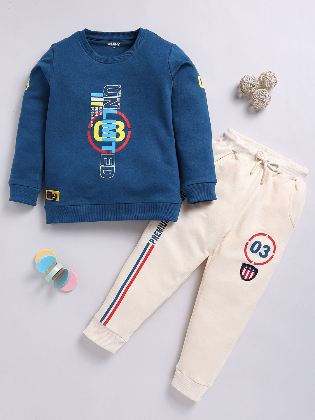 

MIMINO Boys Printed Round Neck Sweatshirt With Joggers, Blue