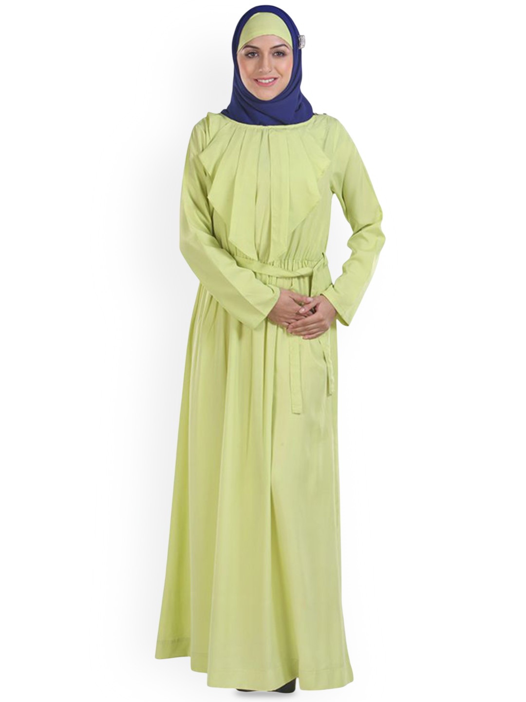 

MOMIN LIBAS Round Neck Pleated Frill Abaya, Lime green