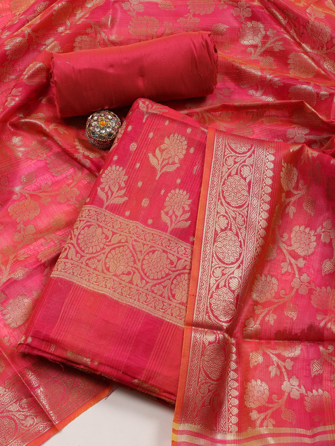 

Meena Bazaar Floral Woven Design Chanderi Unstitched Dress Material, Pink