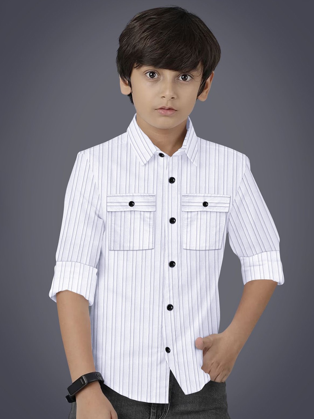 

BAESD Boys Modern Fit Spread Collar Vertical Striped Cotton Casual Shirt, White