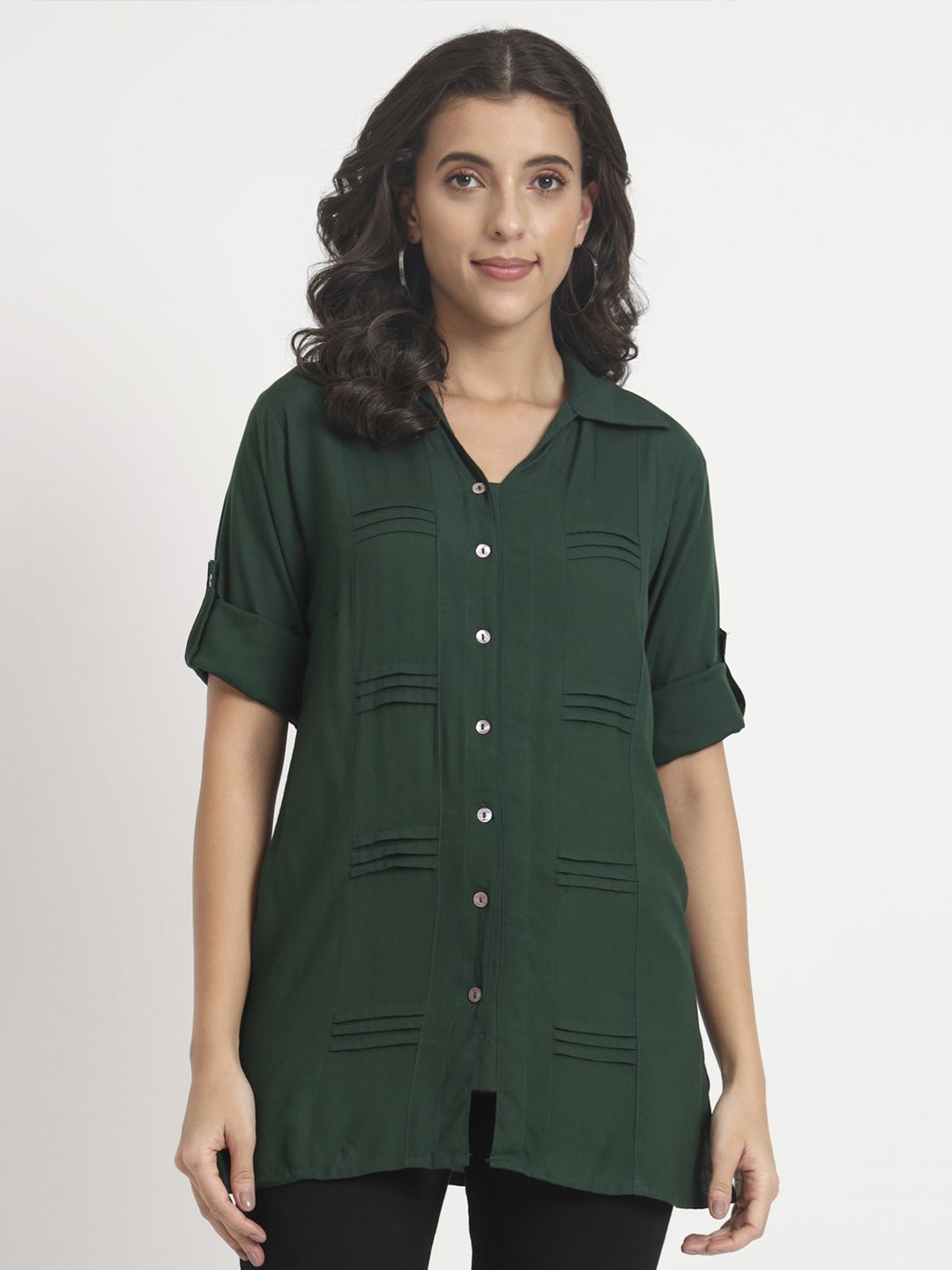 

ANGOORI FASHION Women Straight Fit Spread Collar Solid Casual Shirt, Green