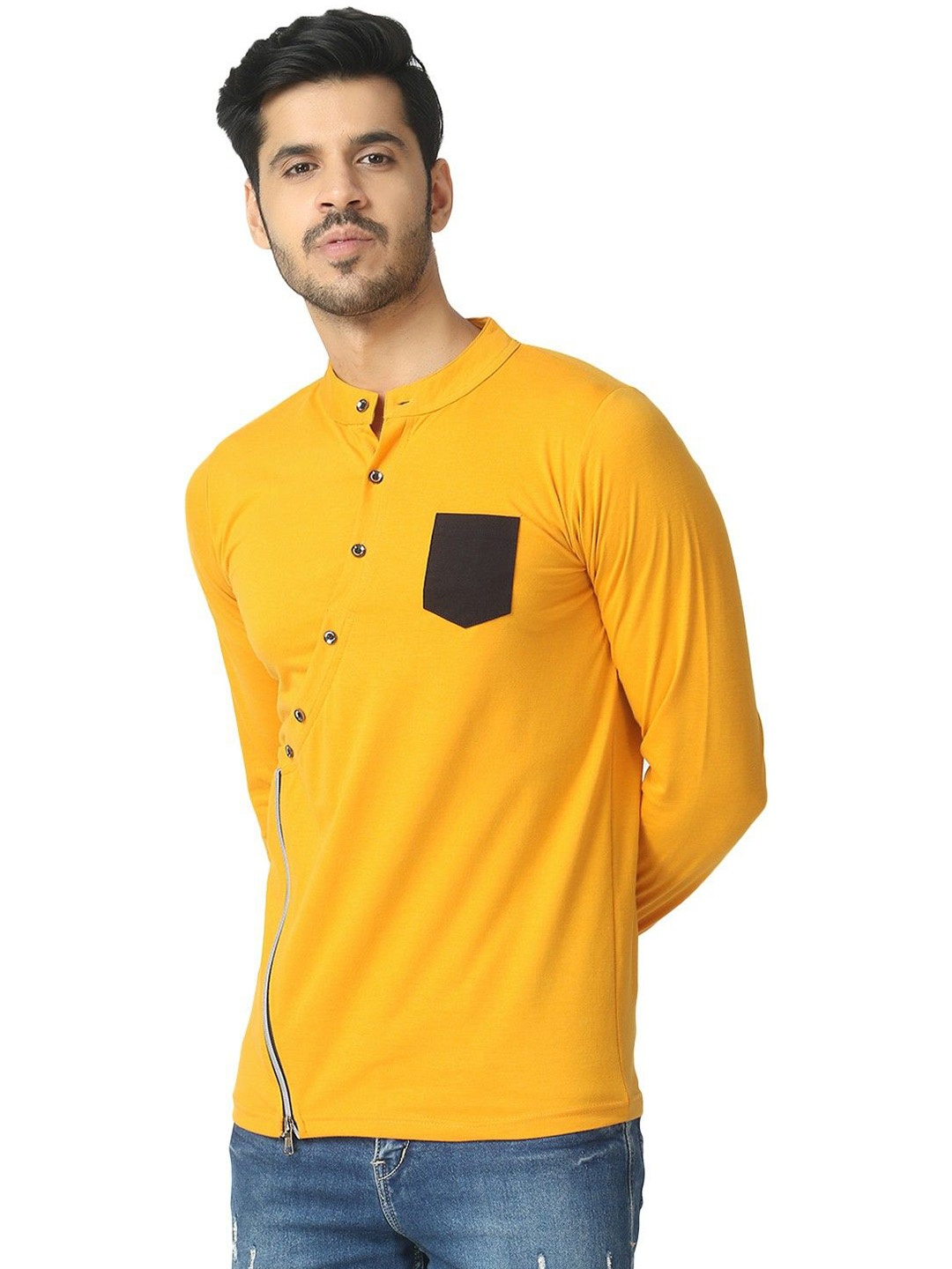 

Black Collection Men Colourblocked Mandarin Collar T-shirt, Mustard