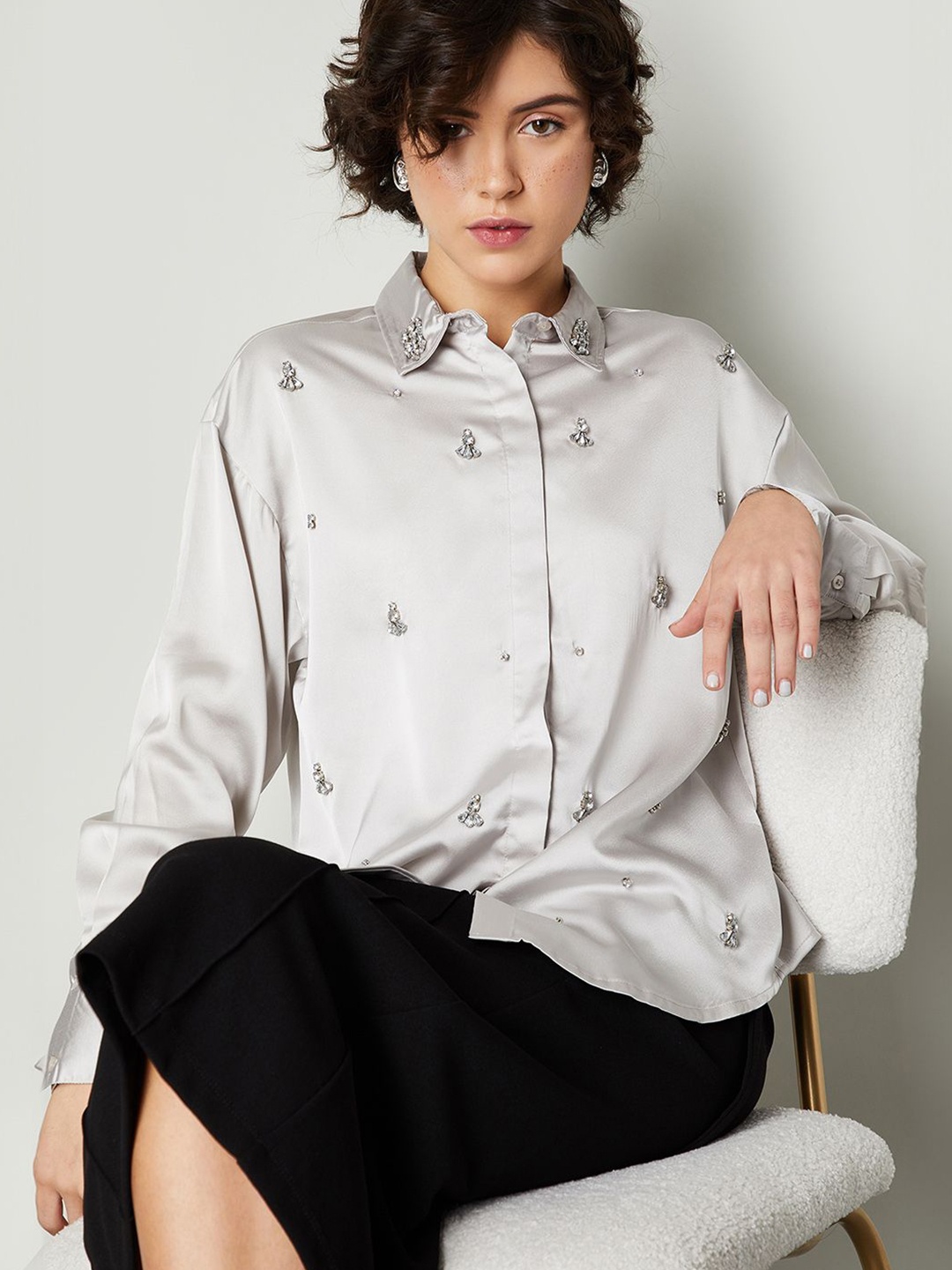 

max Women Oversized Fit Spread Collar Solid Casual Shirt, Grey