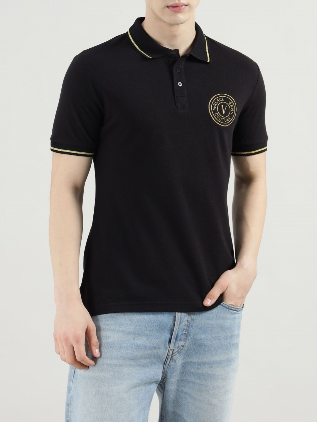 

Versace Jeans Couture Men Solid Polo Collar Cotton T-shirt, Black