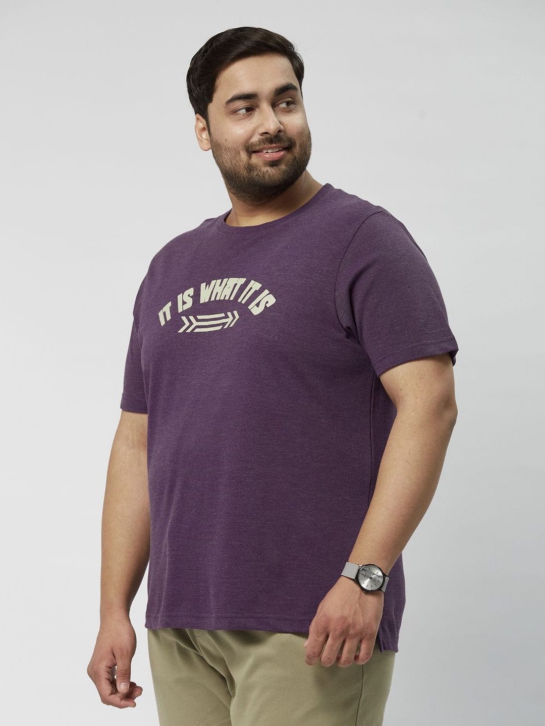 

Big Hello - The Plus Life Men Typography Printed Round Neck Cotton T-shirt, Purple
