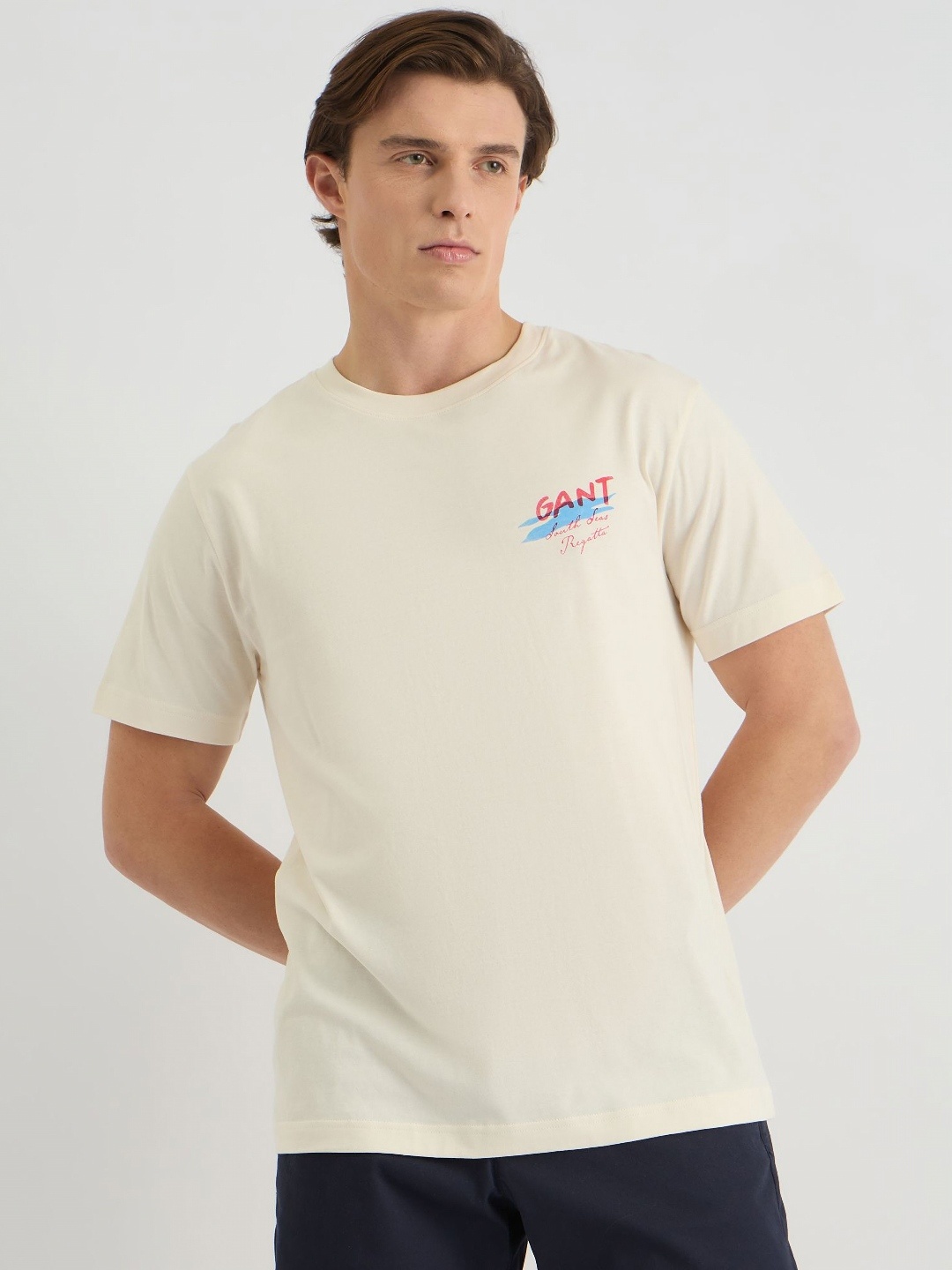 

GANT Men Graphic Printed Round Neck Cotton T-shirt, Cream