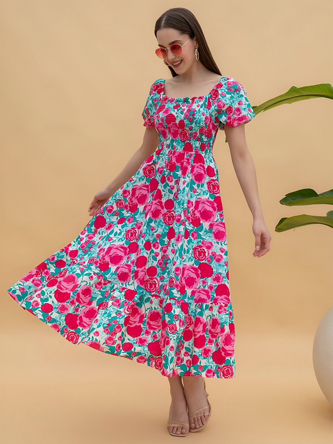 

ZWERLON Floral Print Smocked Puff Sleeves Fit & Flare Midi Dress, Teal