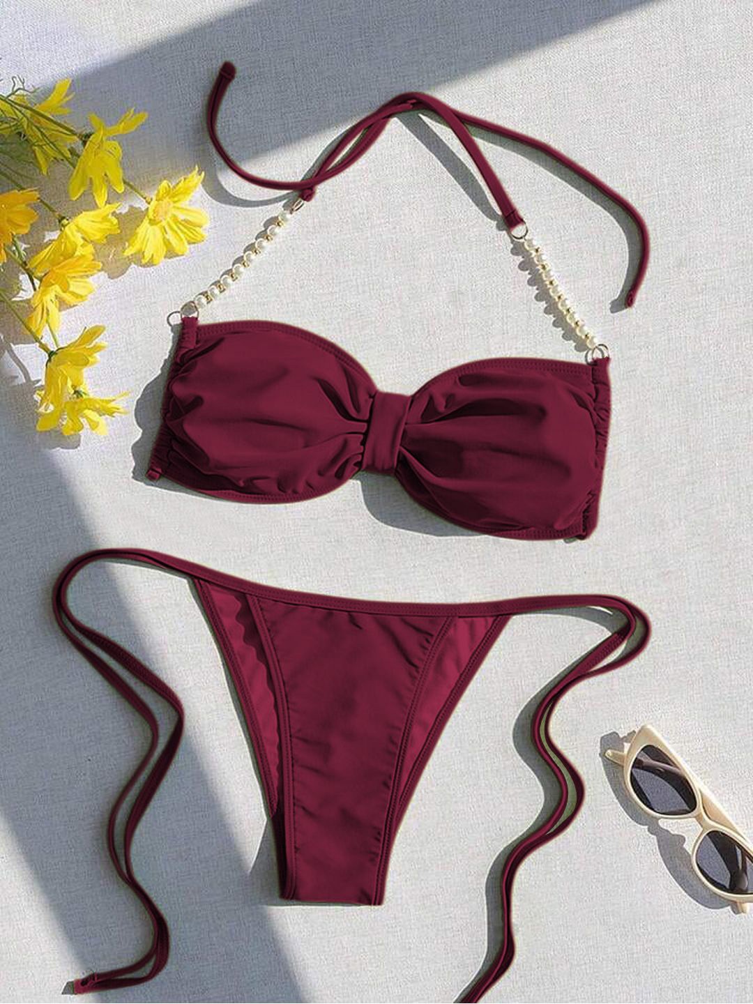 

KRENOZ Halter Neck Beaded Work Swim Bikini Set, Maroon