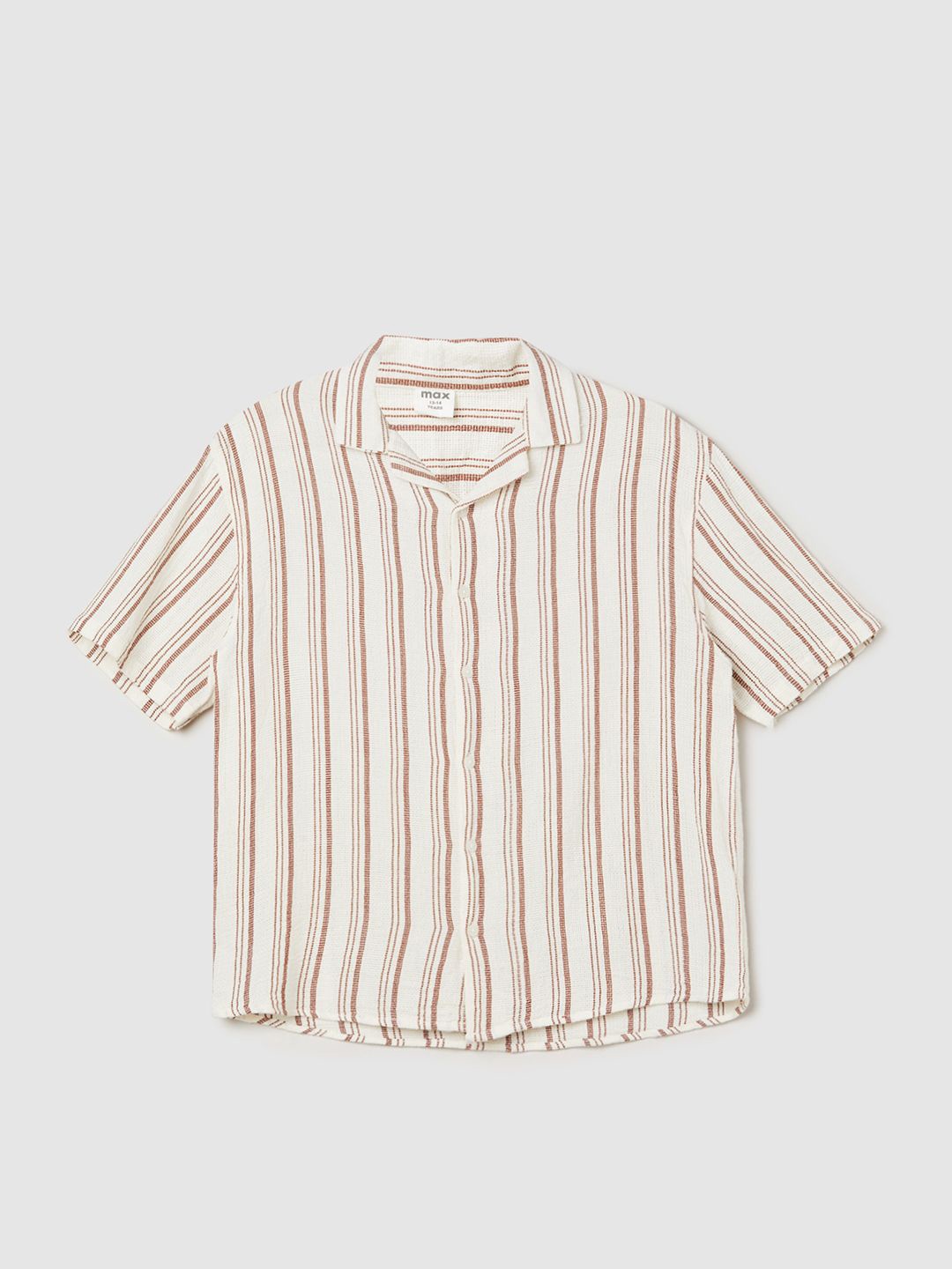 

max Boys Cuban Collar Vertical Striped Cotton Casual Shirt, Beige