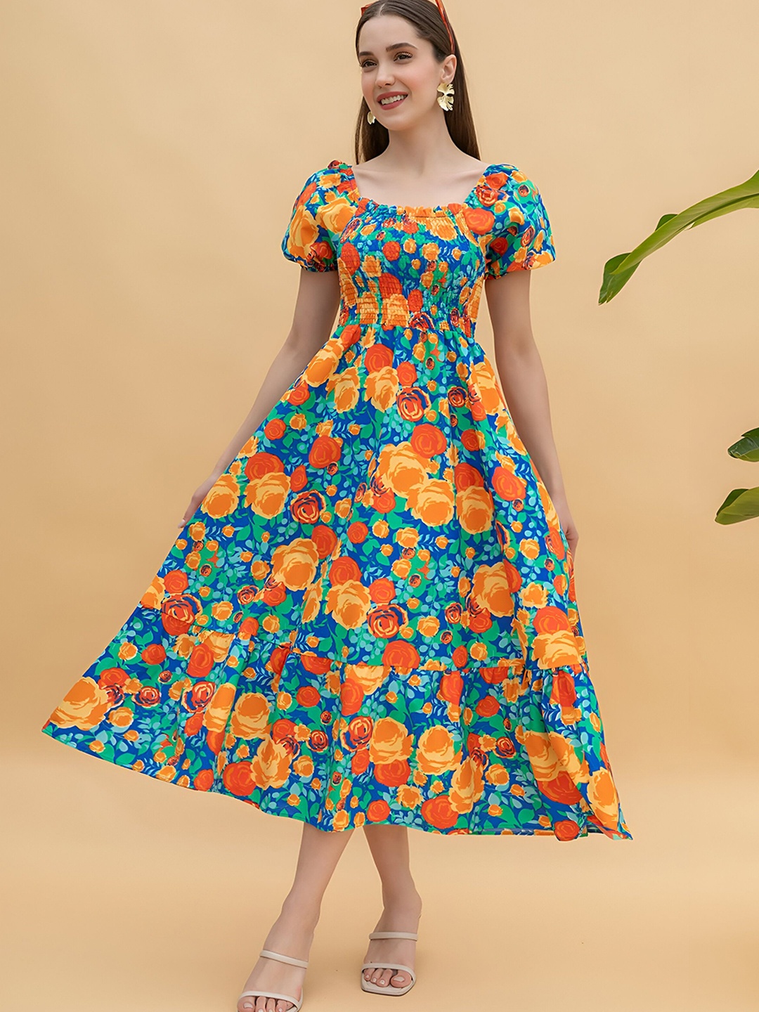 

OTABU Women Floral Print A-Line Midi Dress, Orange
