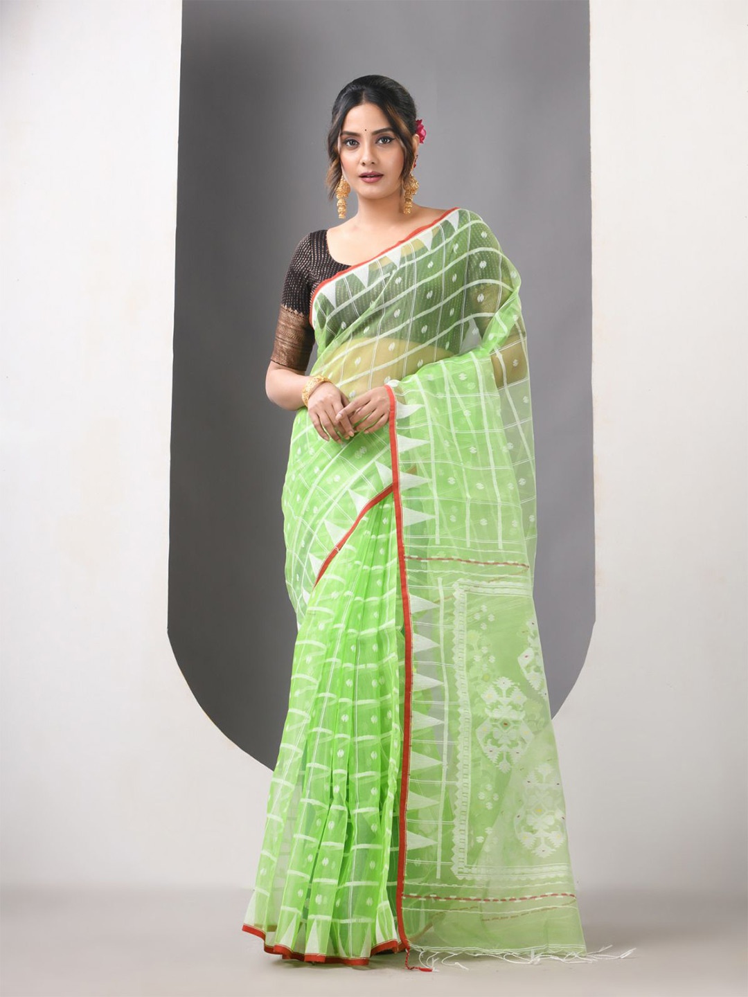 

Charukriti Checked Pure Silk Saree, Green