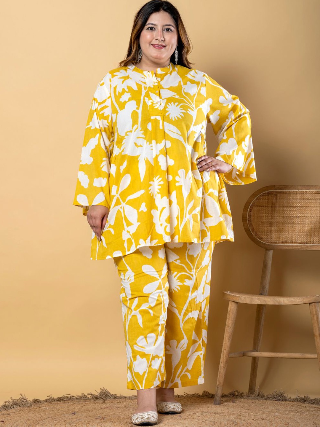 

Readiprint Floral Printed Pure Cotton A-Line Tunic With Palazzos, Yellow