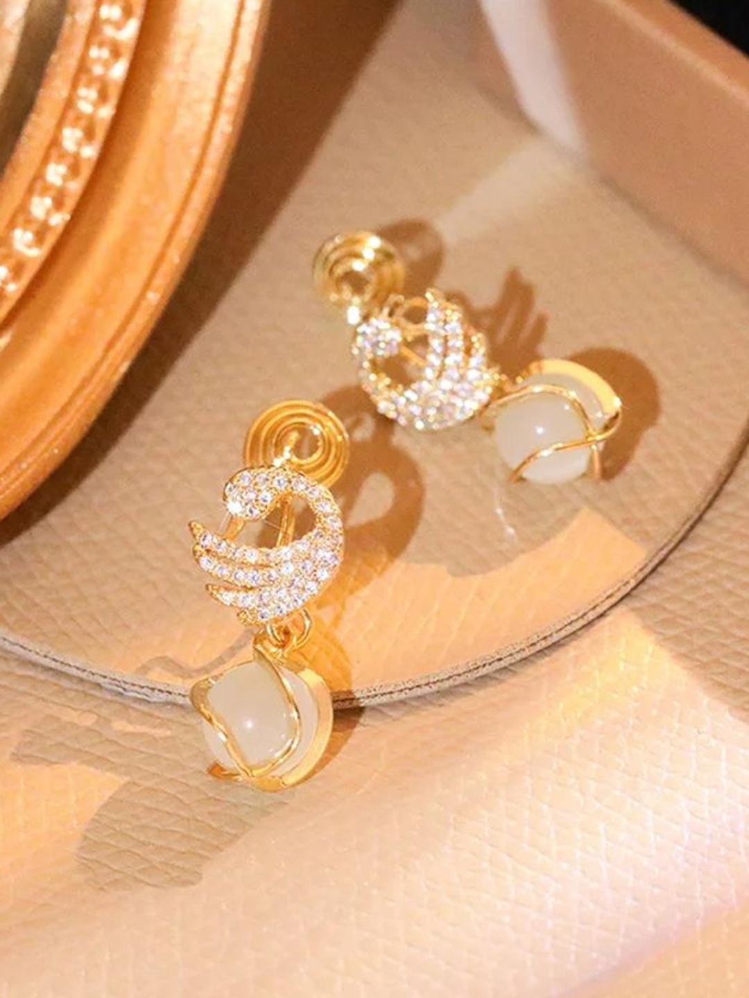 

Celestique Artificial Stones Studded Contemporary Shaped Drop Earrings, Gold