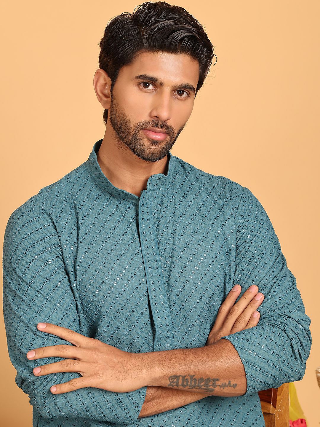 

Anouk Teal Geometric Embroidered Mandarin Collar Sequinned Straight Kurta
