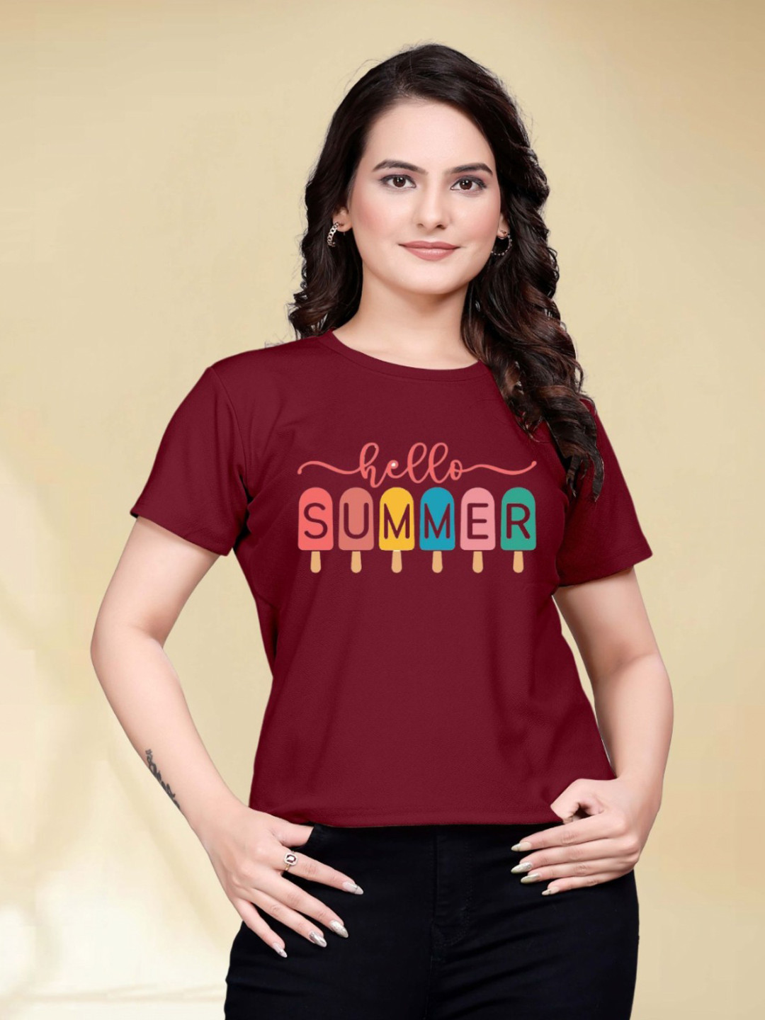 

Moda Rapido Women Printed Round Neck Tshirt, Maroon