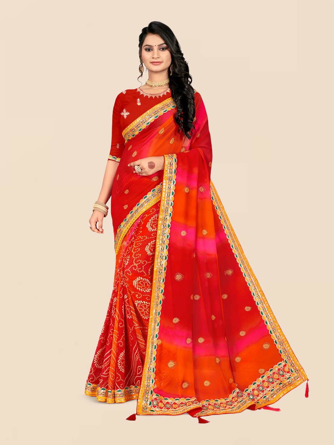 

DIVASTRI Bandhani Embroidered Poly Georgette Bandhani Saree, Red